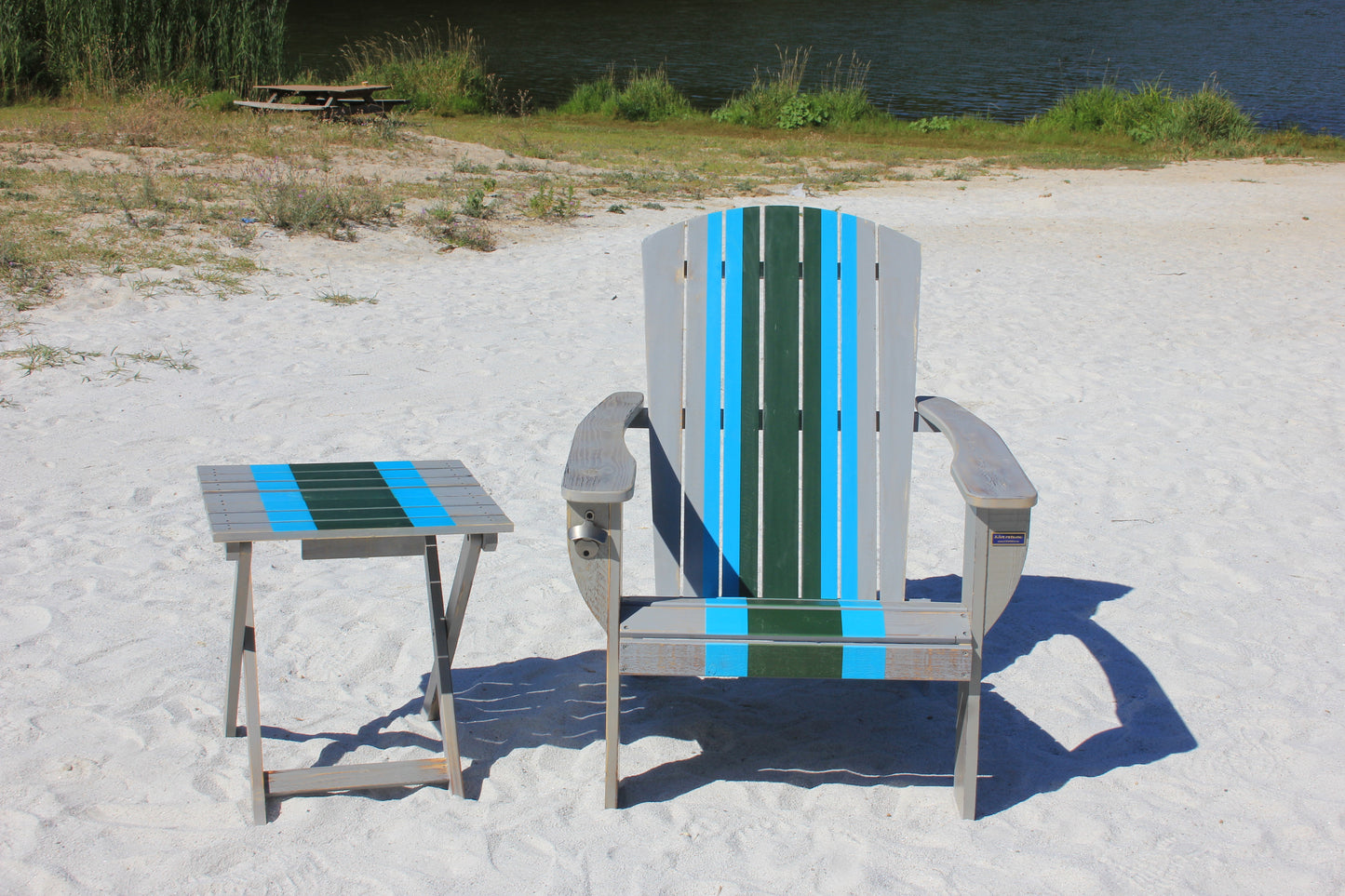 Riverstone Solid Cedar Adirondack Extra Wide Chair with build in bottle opener & matching folding table