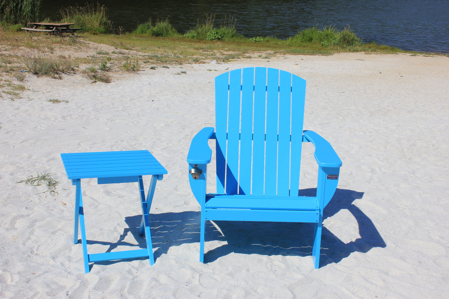Riverstone Solid Cedar Adirondack Extra Wide Chair with build in bottle opener & matching folding table